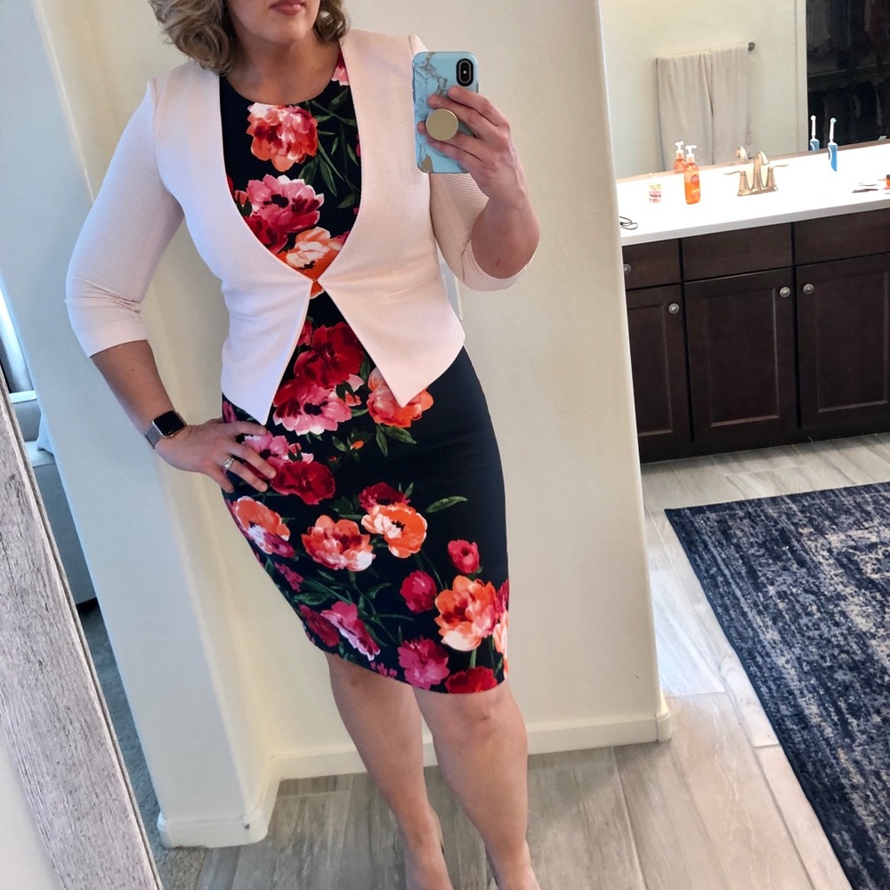 Vince Camuto Navy Floral Sheath Dress Knit